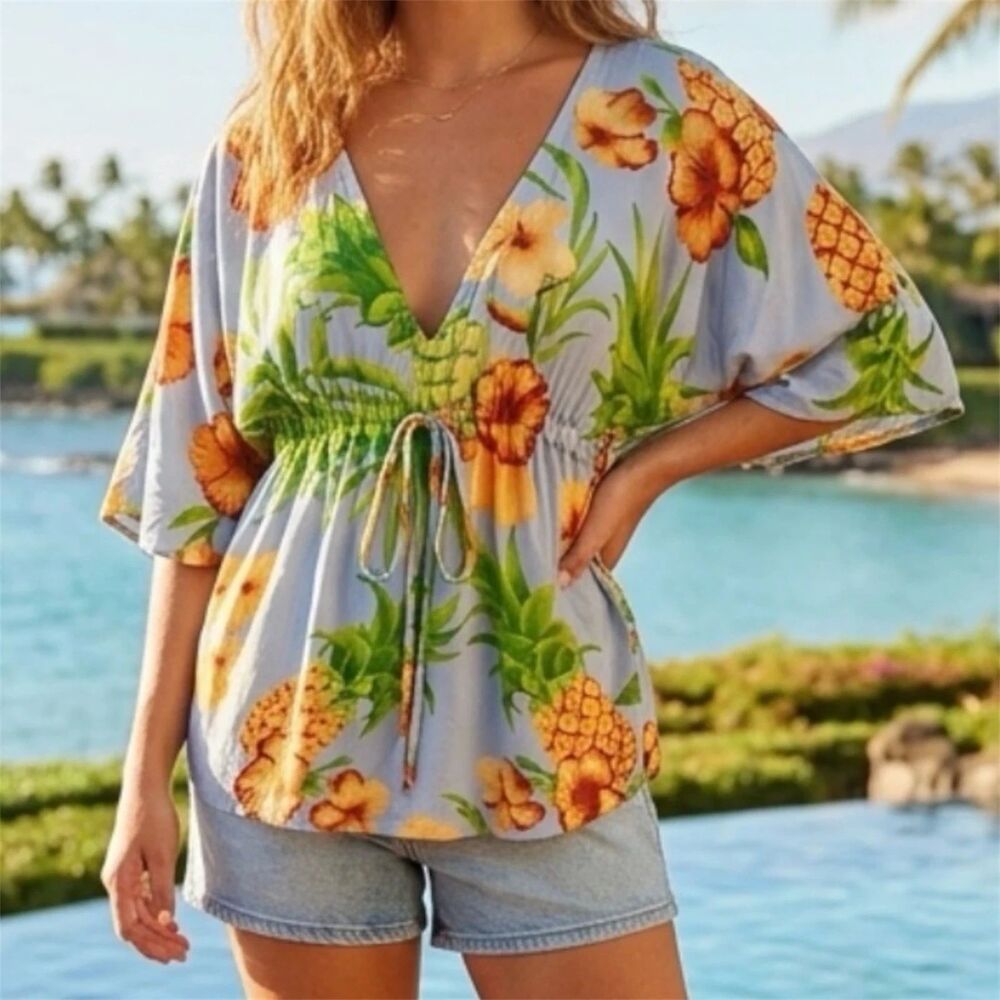 Makai Beach Hawaiian Shirt Womens Sz S Floral Cinch Poncho Top Tropical Blouse
